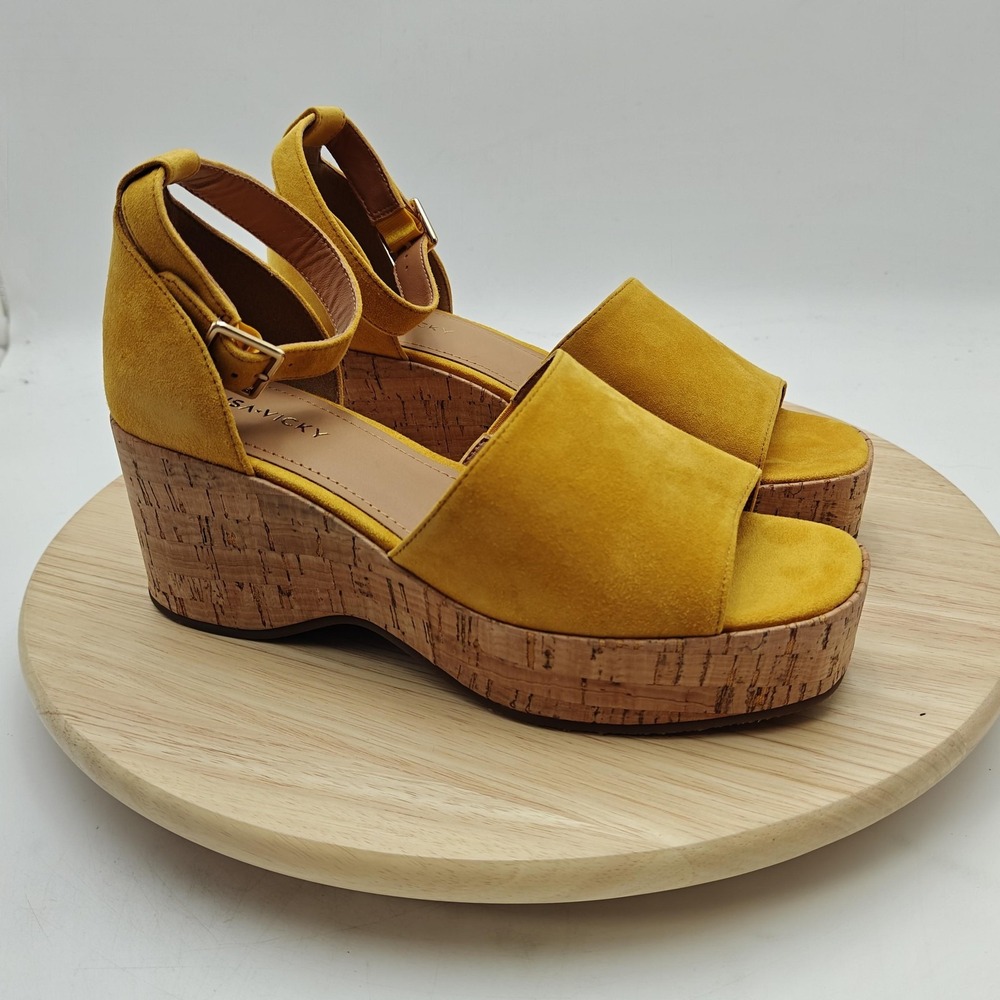 Lisa Vicky Shoes‎ Womens Size 8 Yellow Suede Slingback Sandals Wedge Cork New